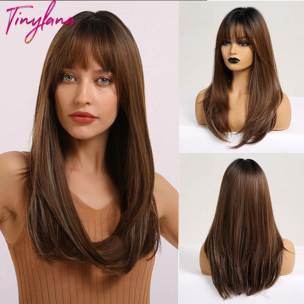 Long Straight Synthetic Wig with Bangs Dark Black Gray Hair Wigs for Women Cosplay Natural Hair Heat Resistant Layered Wigs