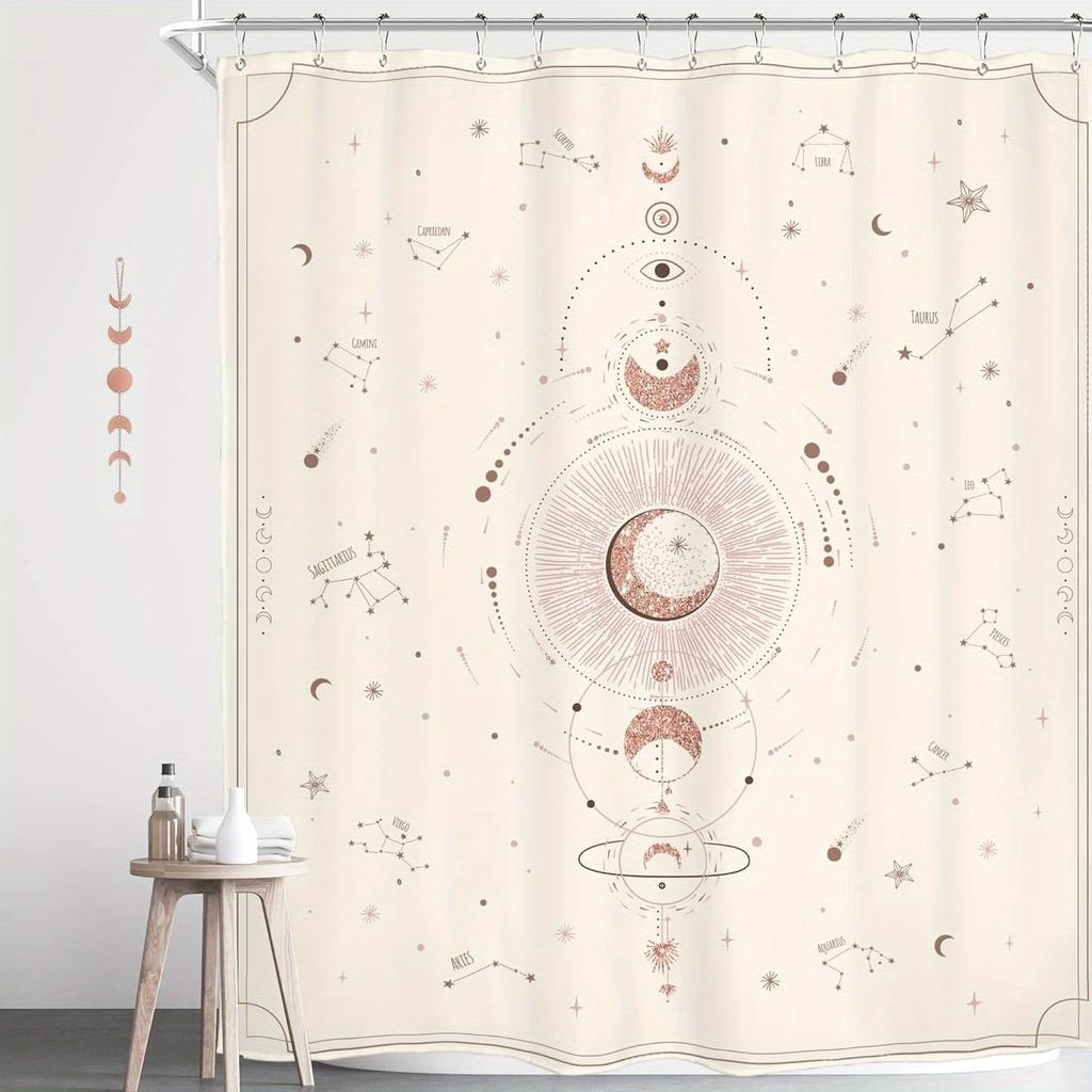 Zodiac Constellation Shower Curtain - Celestial Astrology With Crescent Moon, Galaxy & Tarot Aesthetic, Beige Mystical Design