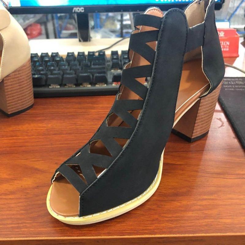 Spring and summer new large size women's fish mouth thick heel high heels mesh one-word ring buckle rear zipper women's sandals