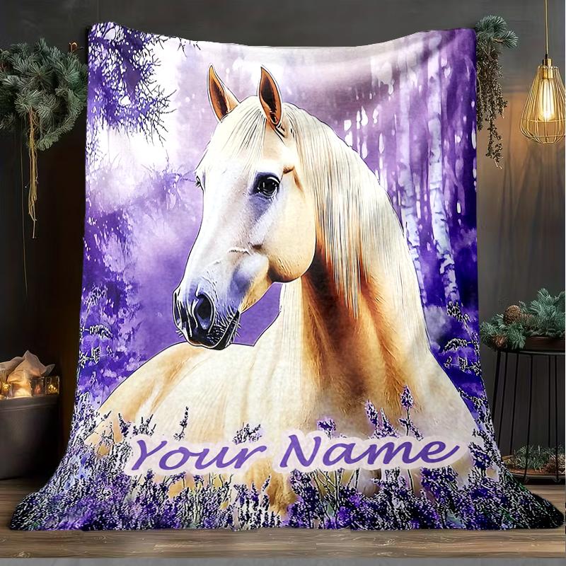 1PC Custom Name Lavender Dreams Horse Outdooor Flannel Blankets Patterns Throw Blanket All-Season Soft Gift for Couch, Bed, Camping Gifts