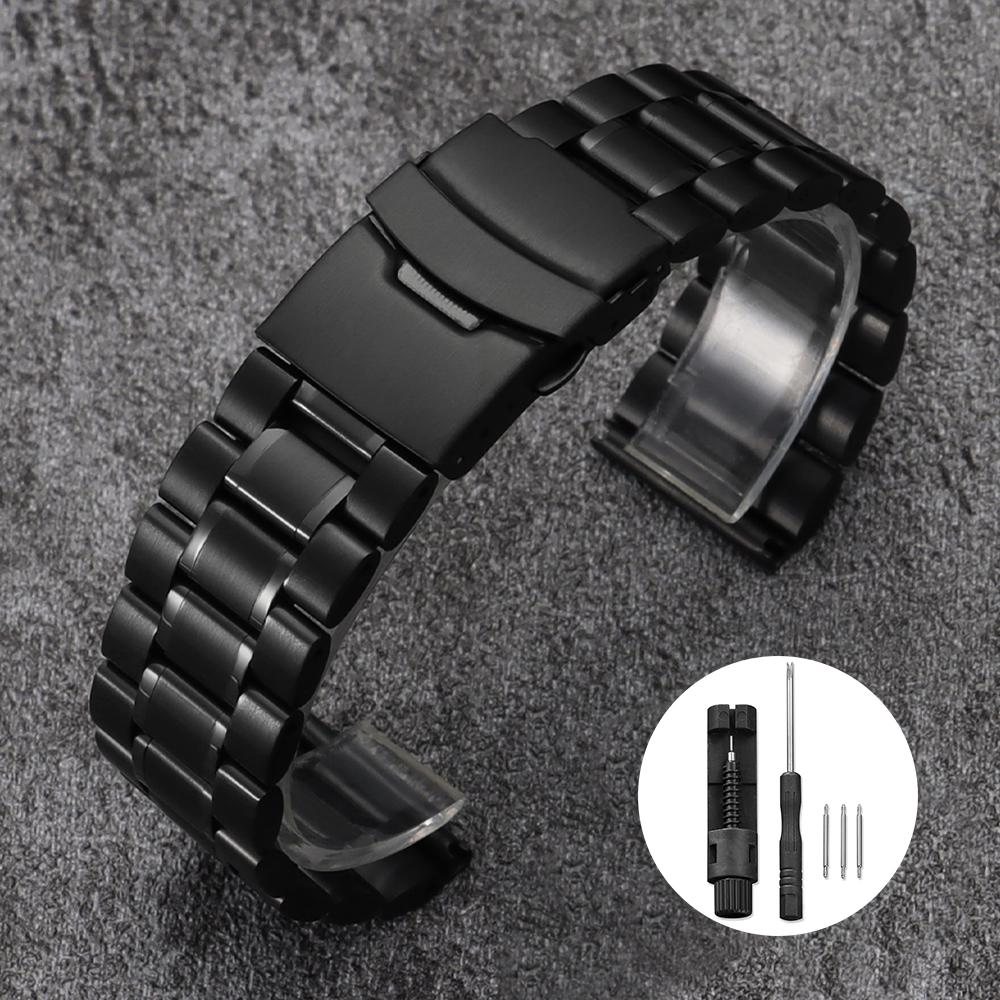 Solid Stainless Steel Watch Strap 18/20/22/24mm Silver Metal Curved End Double Press Folding Buckle Bracelet WatchBand for Seiko