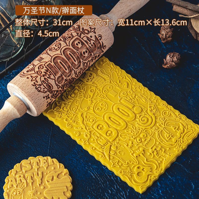 

Cartoon Halloween Print Rolling Pin Ghost Bat Pattern Household Cookie Fondant DIY Baking Tool
