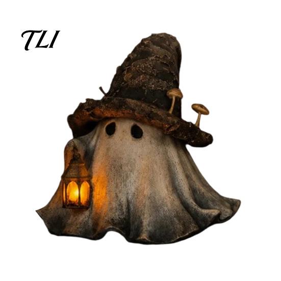 Cute Ghost Night Light Halloween Wizard Hat Resin Figurine with LED Lighted Lantern, Vintage Small Table Decor Witch Statue for Fall