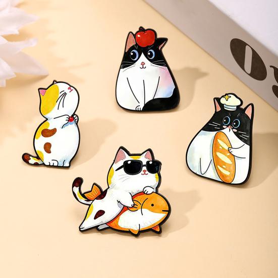 Brooch Pin Cartoon Cat Design Zinc Alloy Pin with Rhinestone Inlay Hand-Painted Enamel Suits Coats Sweaters Badge