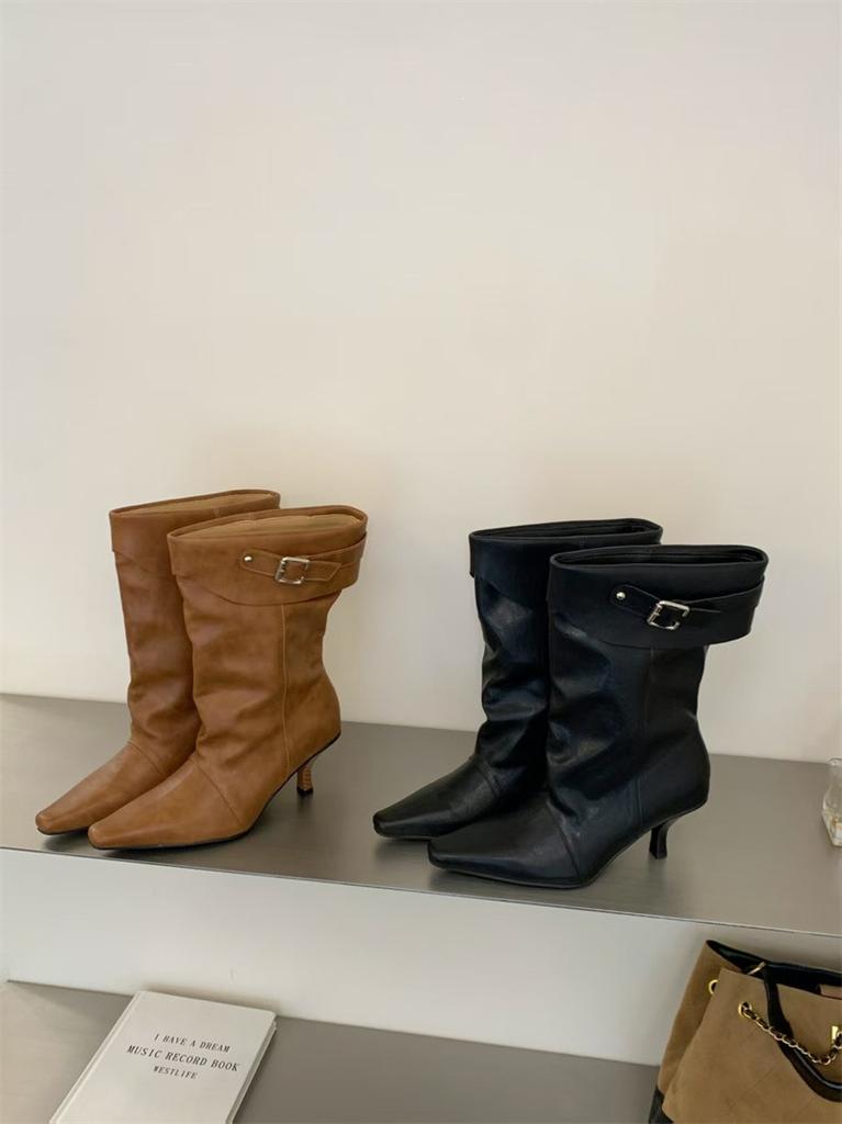 Jiang Zhenyu thin heel pointed pleated boots women's autumn new casual versatile high heel pile boots tide