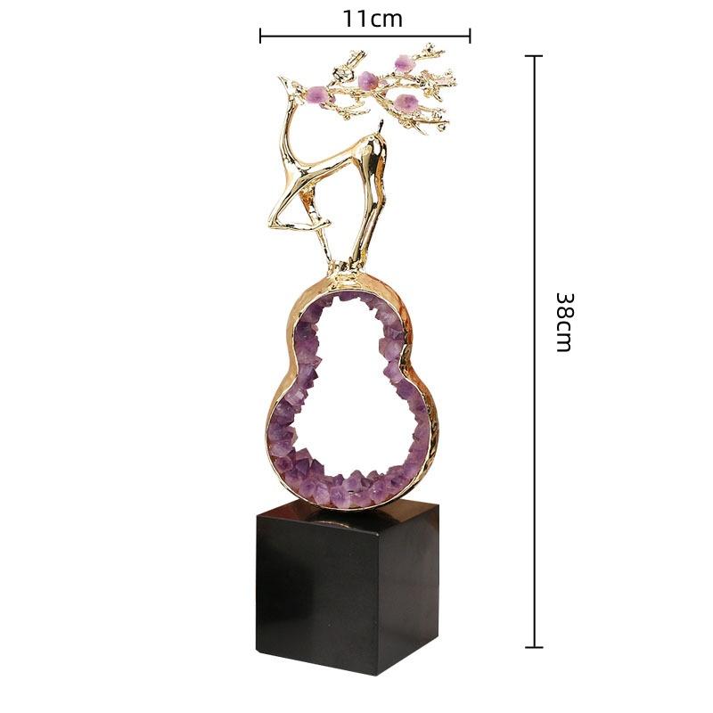 Metal Handicrafts Crystal Green Gourd Sculpture Golden Deer Metal Figurine Lucky Crystal Statue Home Decoration Accessories