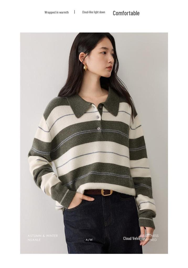 Seven-Gauge Thickened Cashmere V-Neck Color-Block Stripe Polo Collar Pullover