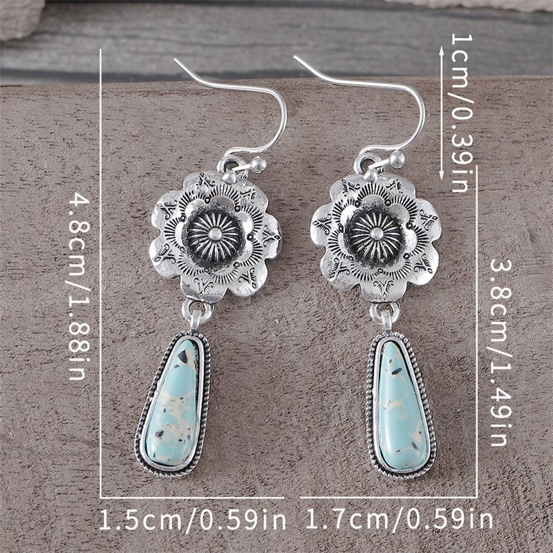Bohemian Retro Alloy Pendant Earrings with Inlaid Turquoise and Artistic Carvings
