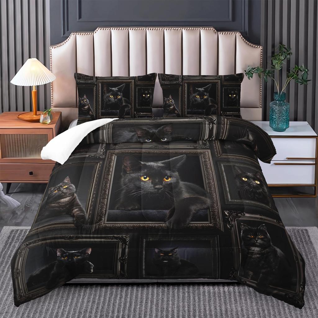 Cartoon Black Cat Duvet Cover Set Queen Size Cute Kawaii Kids Girls Comforter Cover Set Animals Quilt Covers With 2 Pillowcases