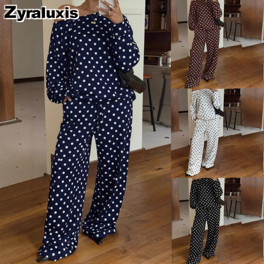 Damen Gepunkteter Aufdruck Ein Schulter Schräger Ausschnitt Langarm Tasche Kordelzug Hose Lässiges Set