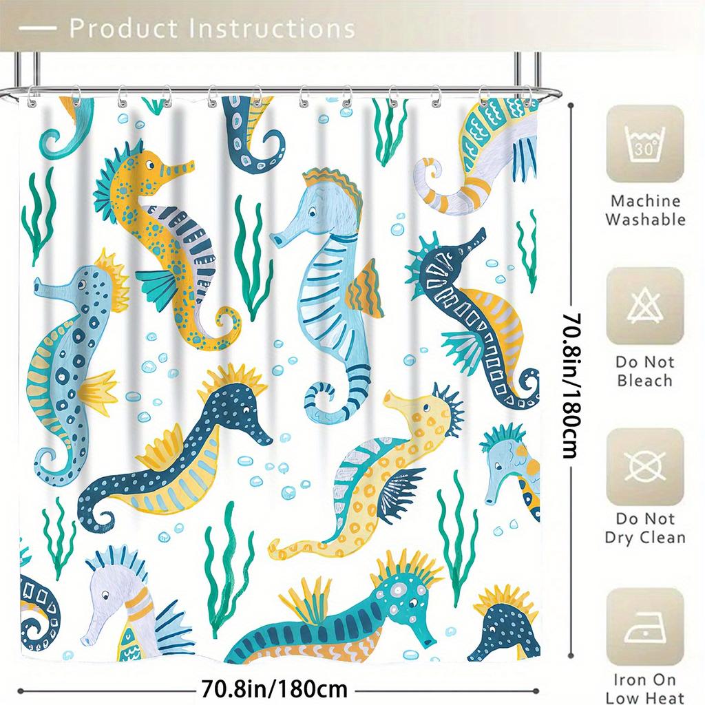 Seahorse Shower Curtain Set With 12 Hooks - Includes Bath Mat, U-Shaped Toilet Mat, Toilet Lid Cover, And Decorative Curtain For