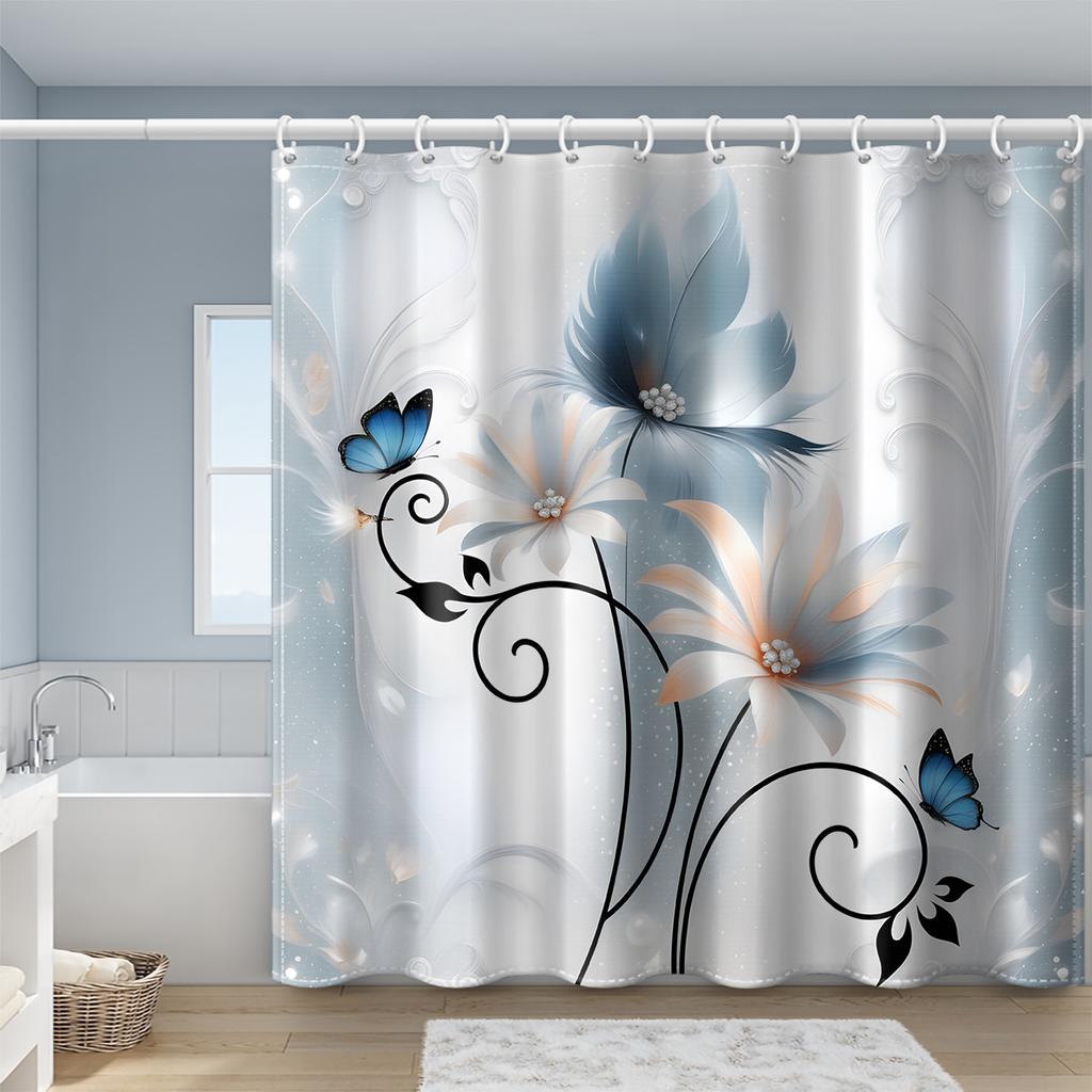 1pc Smudge Blue Flower Shower Curtain - Waterproof Polyester, 12 Hooks, 71x71In, All-Season Bath Decor