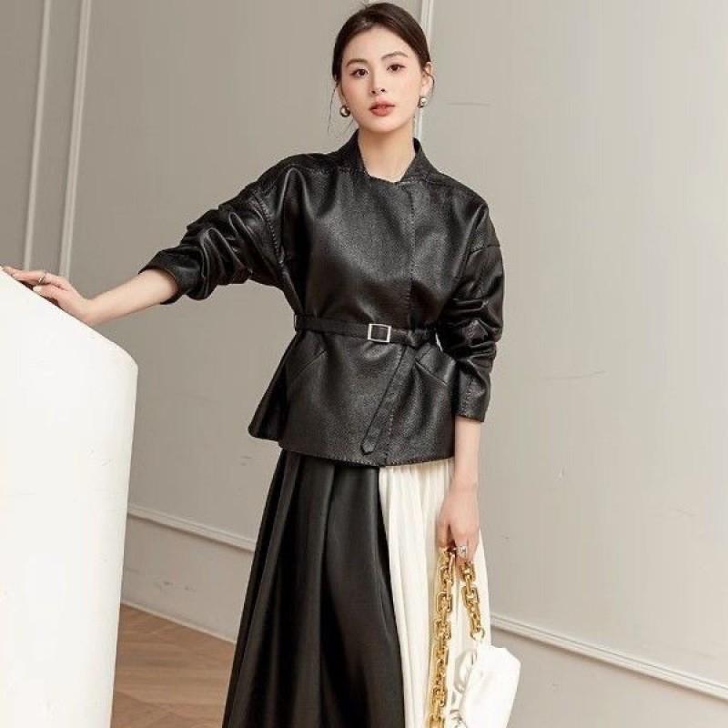 Womens Short Faux Leather Jacket Stand Collar Slim Fit Chic Vintage Style Fall Outerwear