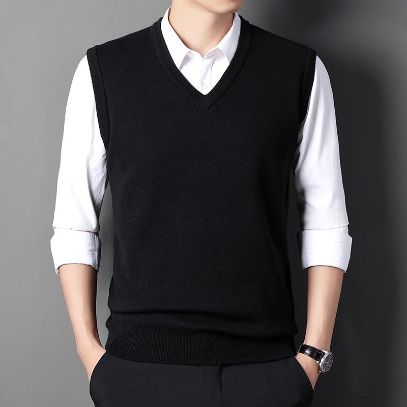 Men's V-Neck Knitted Vest: Thick Sleeveless Sweater for Autumn/Winter - Solid Color, Middle-Aged Business Style