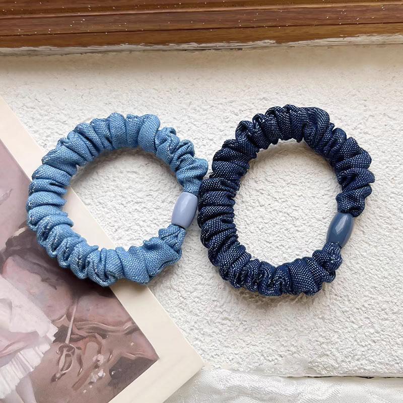 4PC Korean Denim Solid Blue Elasticity Hair Ties Rope Scrunchies for Women Girls Sport Ponytail Holder Hair Accessories