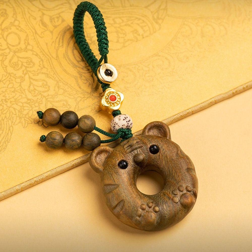 Chinese Zodiac Tiger Car Key Ring Sandalwood Wooden Wooden Bag Pendant  Children