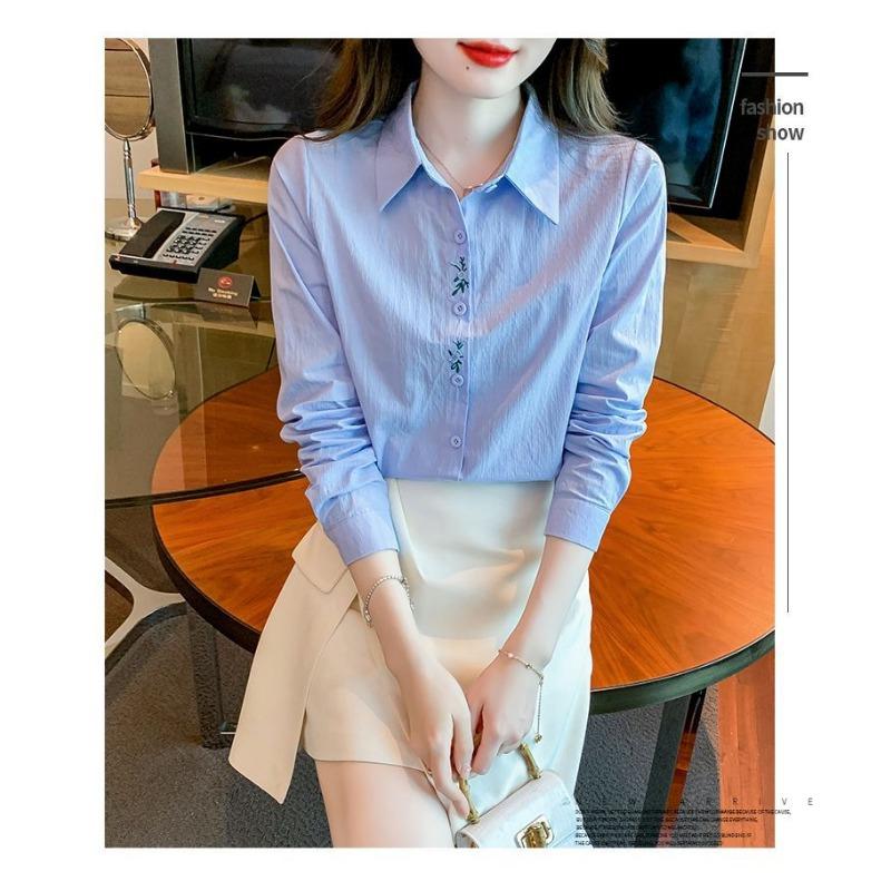 Women Casual Long Sleeve Polyester Shirt With Embroidery