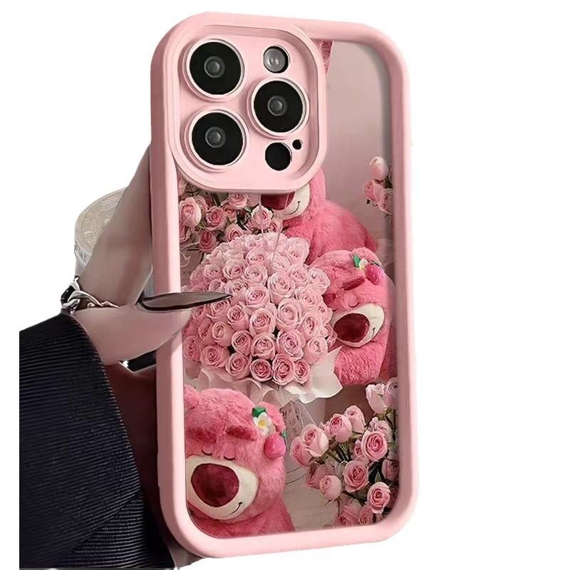 Pink Rose Strawberry Bear for Apple 15Promax Phone Case iPhone16Pro Cute 14 Flowers 17Pro
