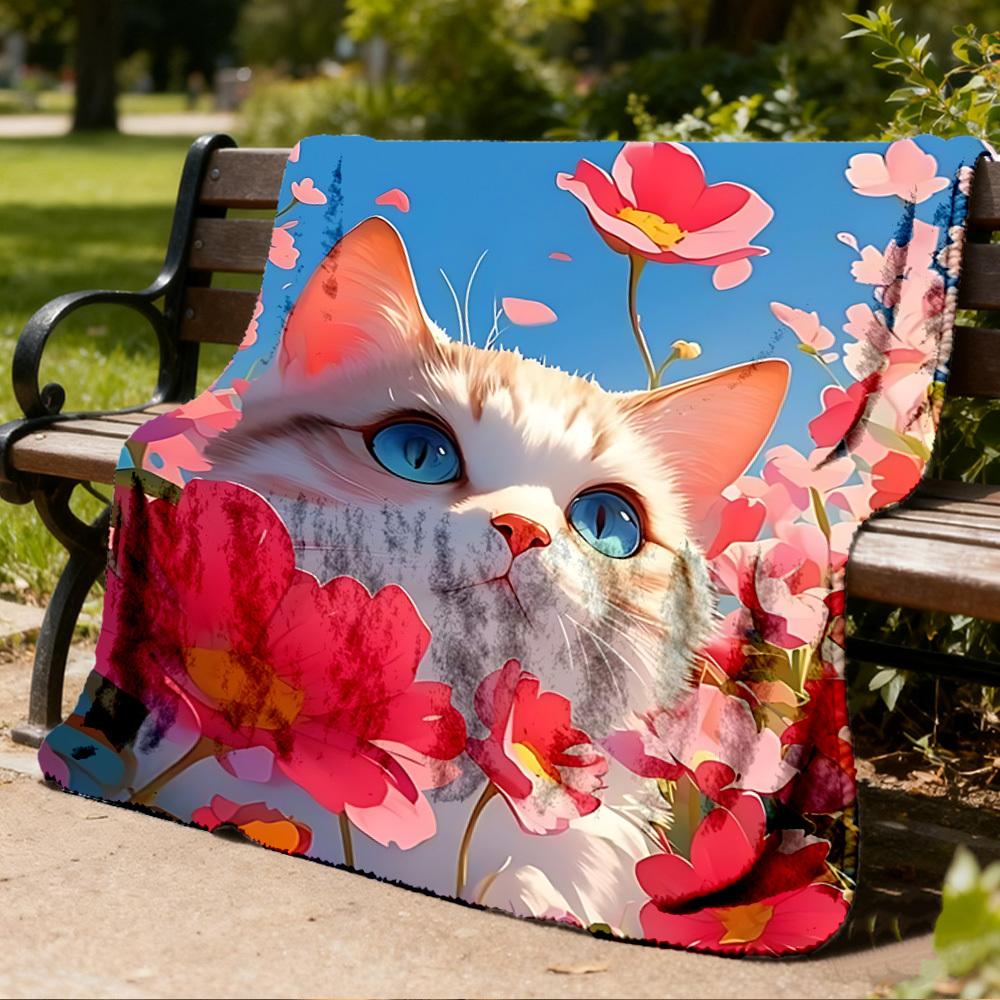 1pc Floral Cat Print Outdoor Flannel Blanket , Machine Washable Perfect Gift for Birthday , Holiday Travel Accessory , Durable Material