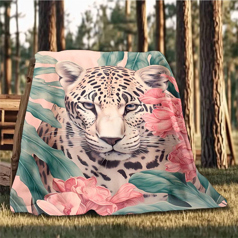 1pc Leopard Floral Print Outdoor Soft Polyester Flannel Throw Blanket Versatile for All Seasons , Soft , Cozy , Warm All Season Quilted Throw ,