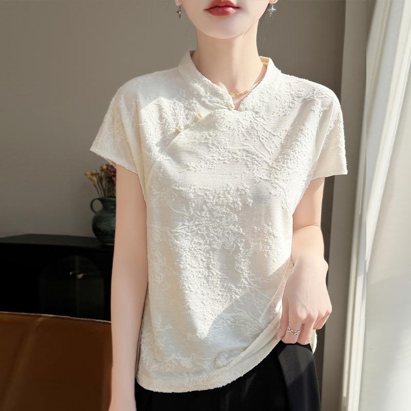 Retro Button-up Three-dimensional Jacquard Knitted Short-sleeved T-shirt for Women, Summer Lightweight Sleeveless Top