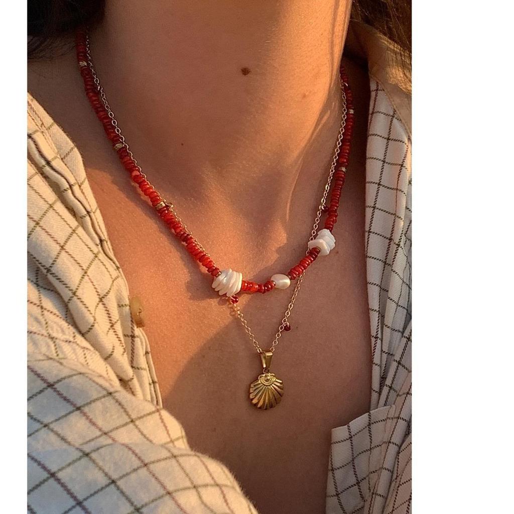 Handcrafted Red Beaded Shell & Pearl Pendant Layered Necklace