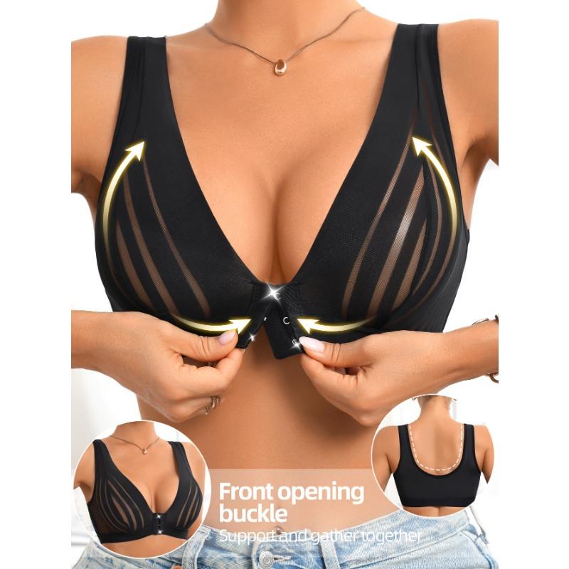 Sheer Mesh Striped Front Closure Bra – Wireless V Neck Comfort Lingerie