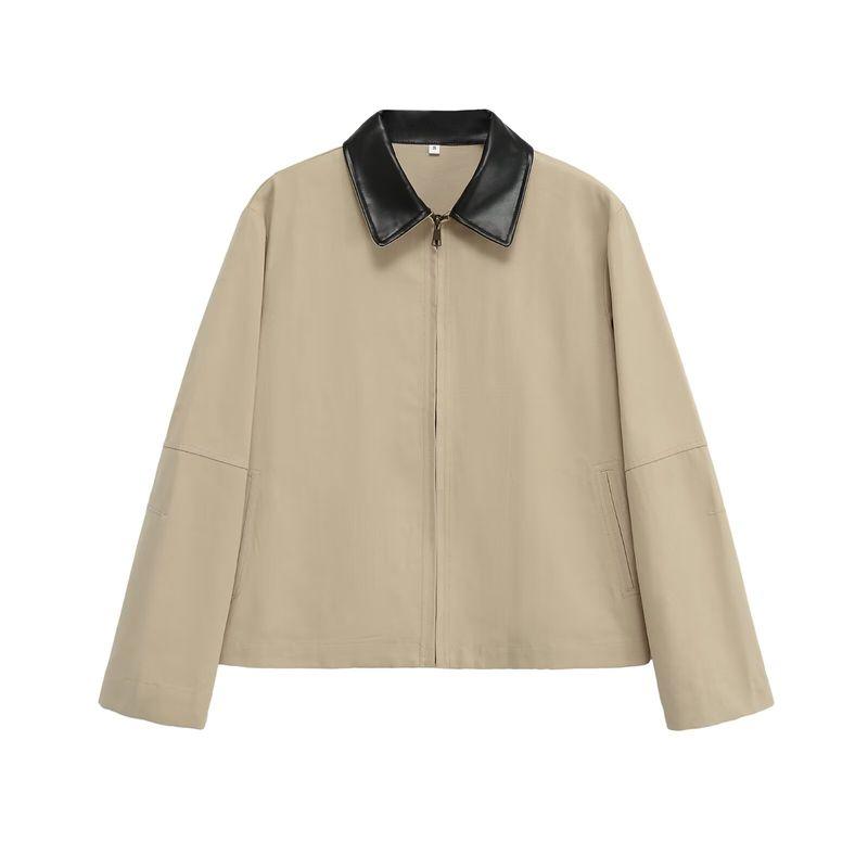 

Для Новой Осенней Женской Одежды 2025 Модная Ветровка Экспорт Стильная Простая и Универсальная Куртка с Лацканами из ПУ Кожи Beige L