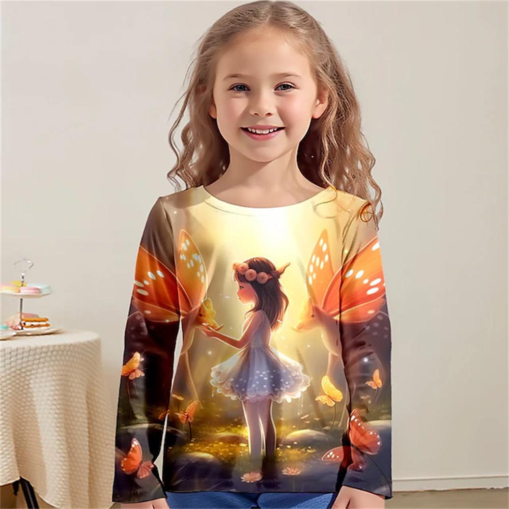 Children's Clothing From 6 To 14 Years Dream Elves 3d Pattern 2023 Autumn Kids Top Girls Tee Shirt Fashion Castle T-Shirts