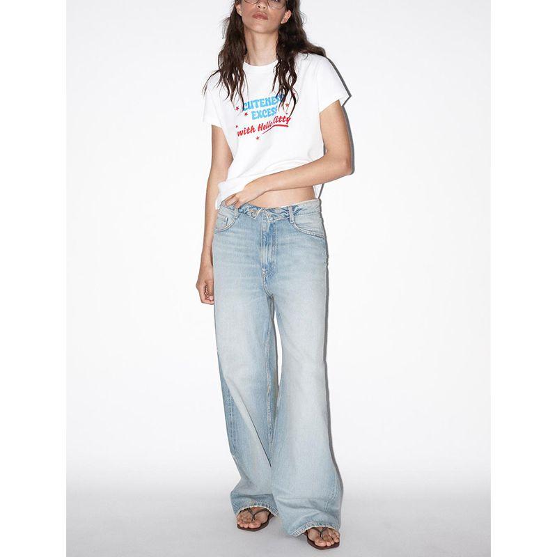 Summer New Product Women's Clothes Cotton Silm Straight round Neck Short Sleeve Cartoon Cat Print Washed T-shirt 6050358
