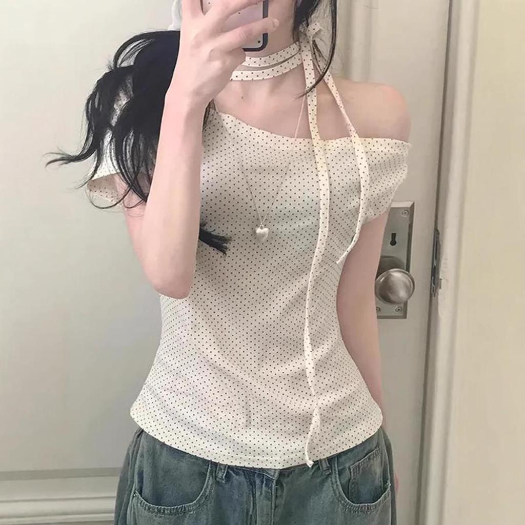 2026 New Women Sweet Polka Dot Halter Top Backless Knot Slim Fit Short Sleeve Tee INS Streetwear Fashion Casual Tops