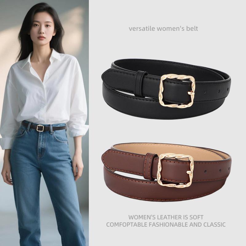 Simple Solid Color Women Belt With Twists Square Button Fashionable Versatile