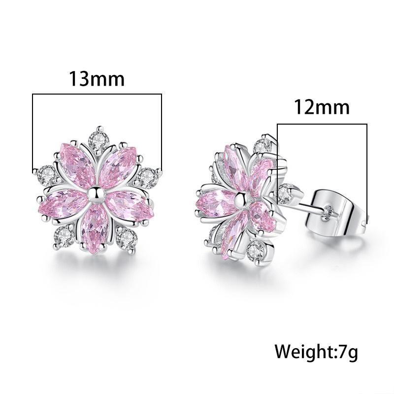 Luxury Female Red Stone Flower Stud Earrings Silver Color Zircon Wedding Jewelry For Women