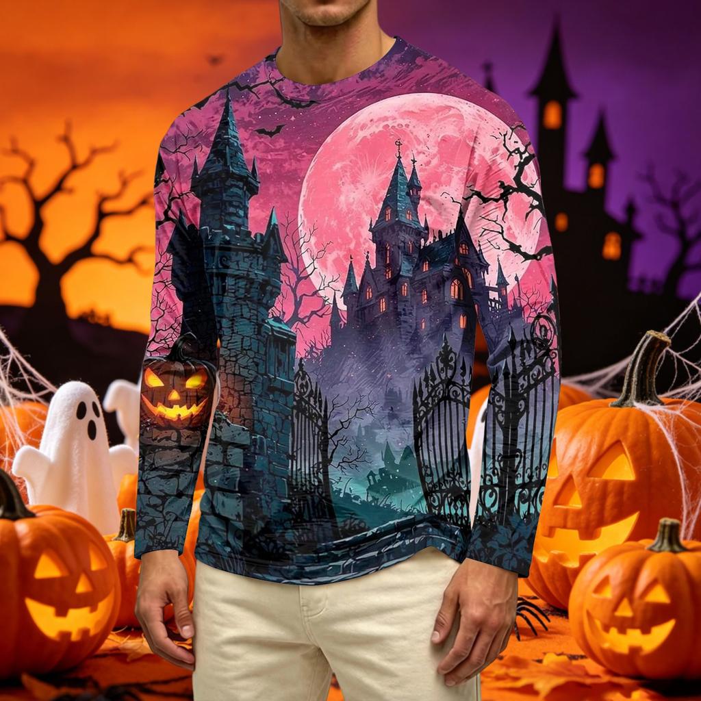 Men's Casual Long Sleeve Crew Neck T-Shirt with Pumpkin and Floral Print Comfortable Fit Lightweight Fabric Suitable for Daily Wear
