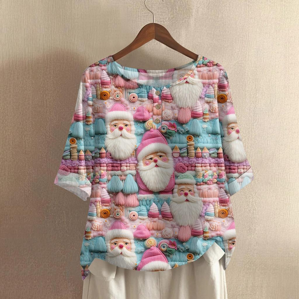 Women's Fashionable And Casual Shirt Half-sleeve Round Neck Print Cotton And Linen Blouse Top