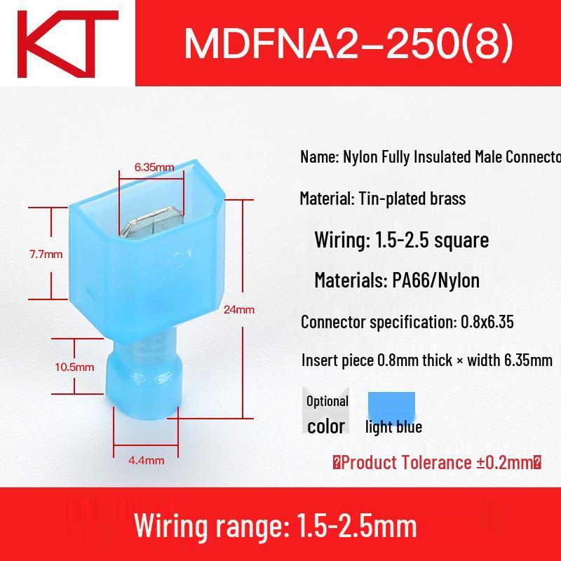 KT Nylon Male Fully Insulated Blade Terminal MDFN/A1.25/2/5.5-250 Cold Crimp Connector