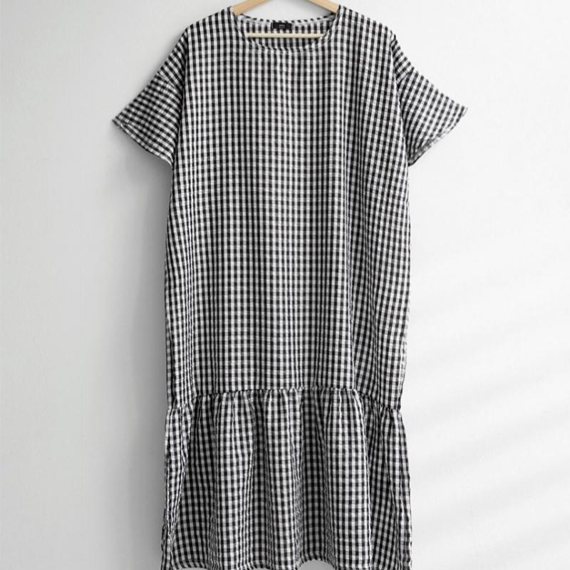 Shop   Women Gingham Check Round Bell Sleeve Short Sleeve Long Dress Beige Ara W