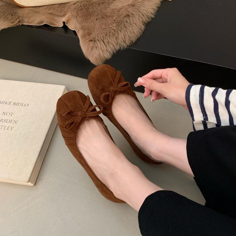 2025 Autumn New Bow Pleated Round Head Ballet Inner Height Increase Commuter Women's Shoes