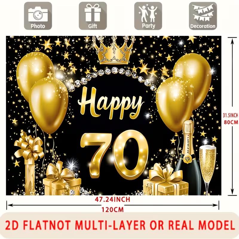 2D Schwarz & Gold 70. Geburtstag Kulisse, Königliche Krone Thema Geburtstag Fotografie Hintergrund
