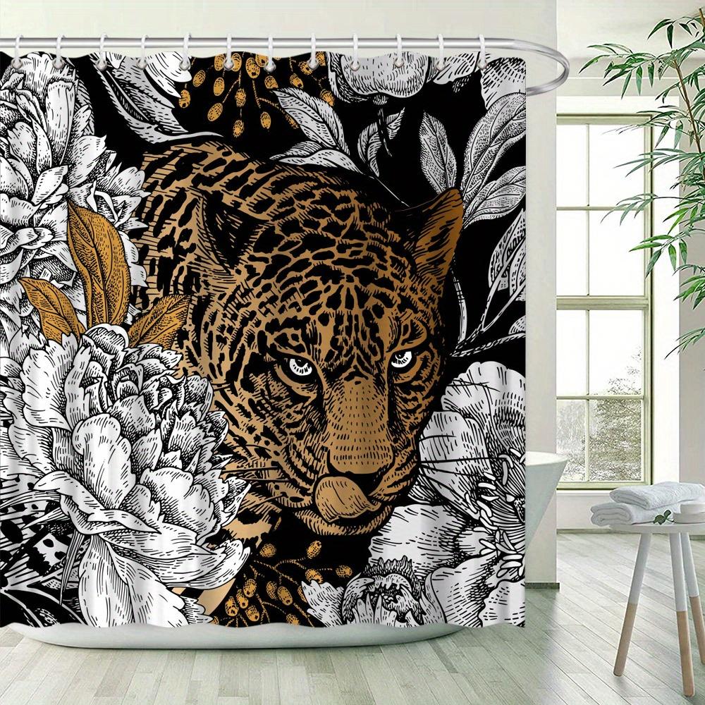 1Pc Realistic Leopard Shower Curtain With Detailed Botanical Background Featuring Flowers And Berries, Intricate Line Art Style,