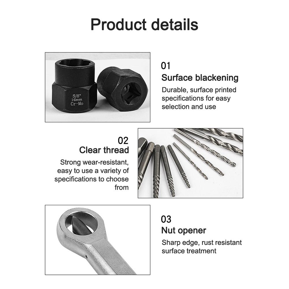 Set de instrumente pentru îndepărtarea șuruburilor pentru piulițe deteriorate, 28 buc. Extractor de șuruburi pentru piulițe rupte
