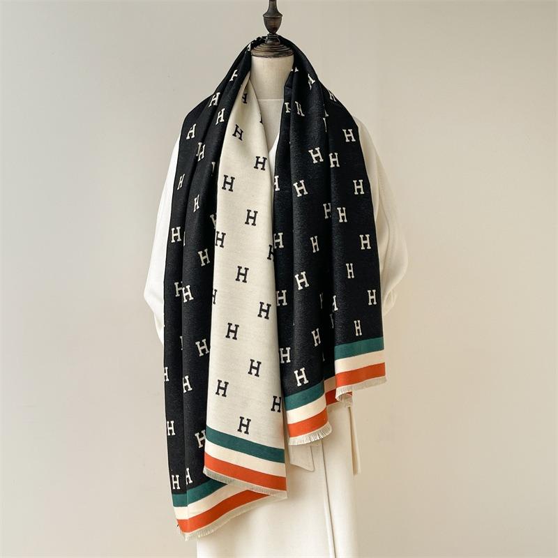 Scarf women's high-end sense versatile warm imitation cashmere shawl winter simple casual style letter business scarf dual-purpose