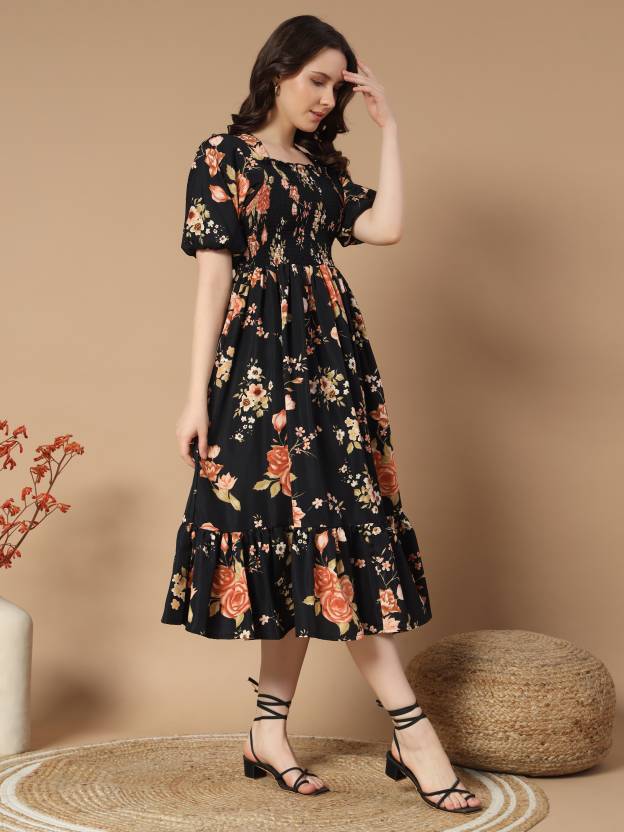 Women Empire Waist Black Midi/Calf Length Dress Gown Kurta Party Wear Top Tunic