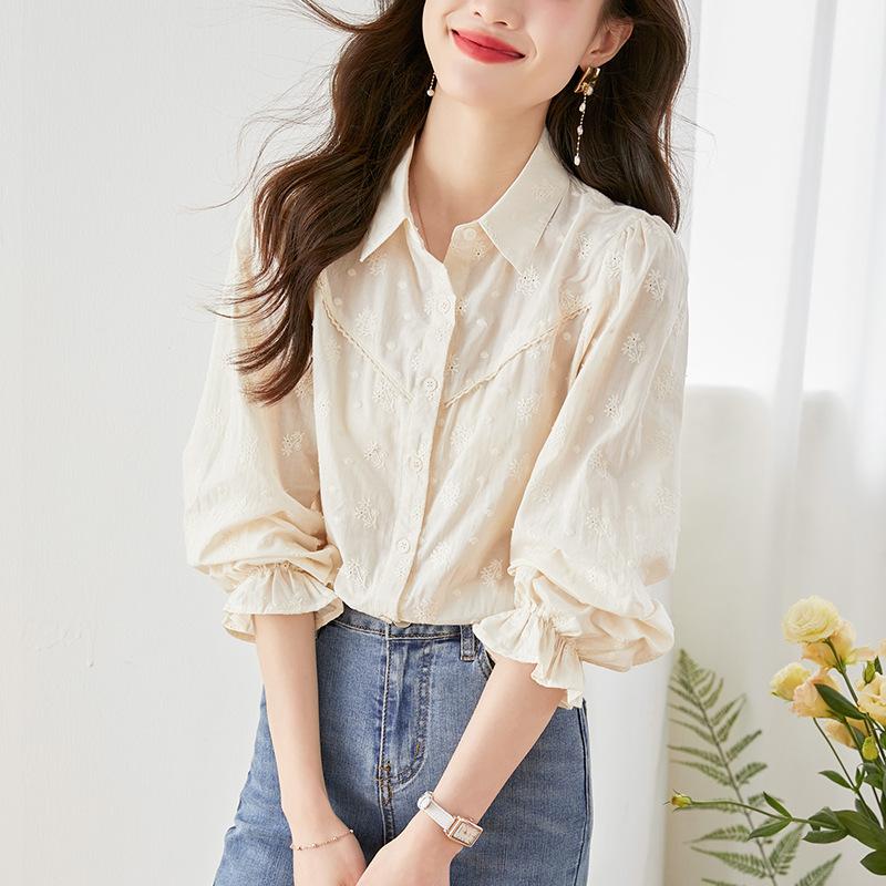 

Embroidered White Shirt for Women Long-sleeved Spring Clothes New Pure Cotton Embroidered Top High-end Women s Shirt XXL