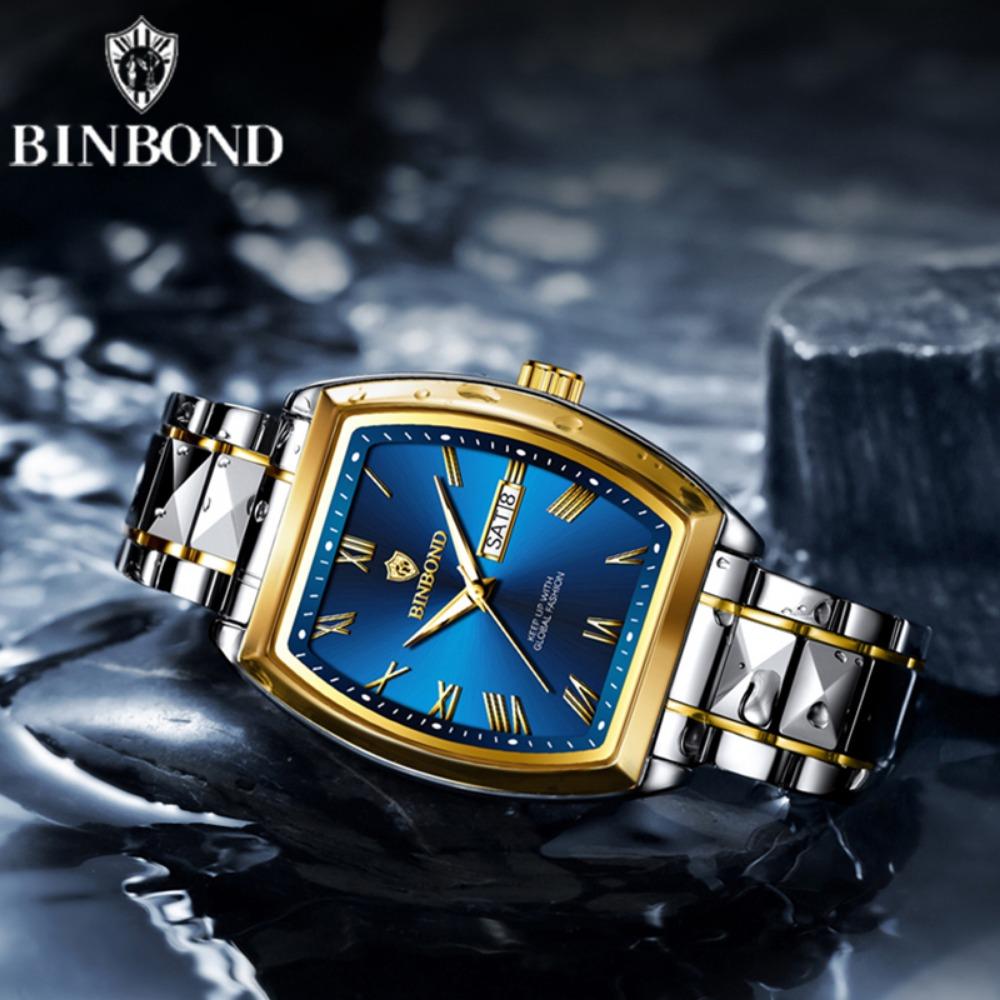 BINBOND B355 Stainless Steel Men Watch Top Quailty Luxury Push Button Hidden Clasp Waterproof Luminous Date Week Sport Men Watch