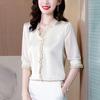 Elegant Women Chiffon Shirt Korean Blouse Office Lace Mesh Long Sleeve Ruffles V NeckTops Casual Vintage Pullovers Blusas