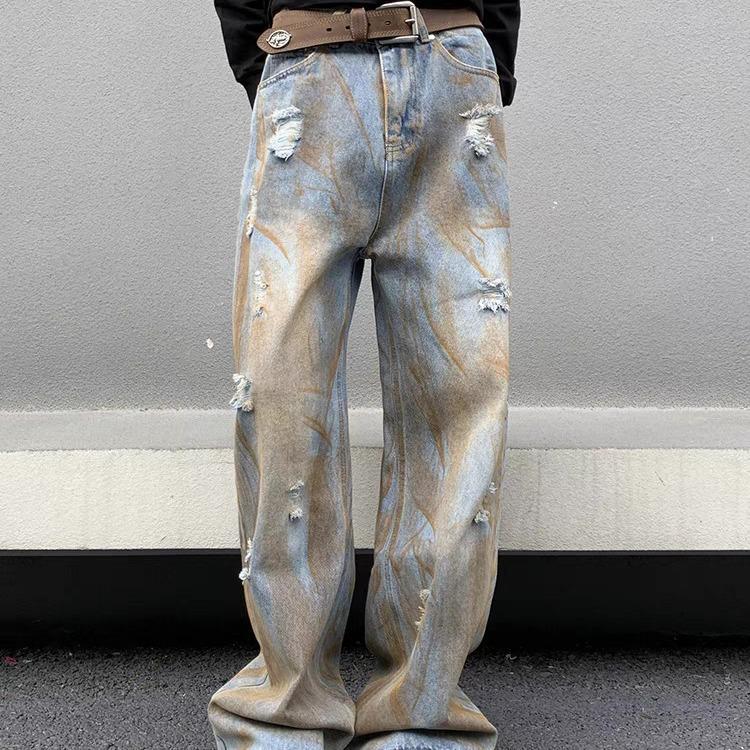 American retro grinding and old micro-horn tattered loose straight hand-painted dyed yellow mud jeans men's tie-dye