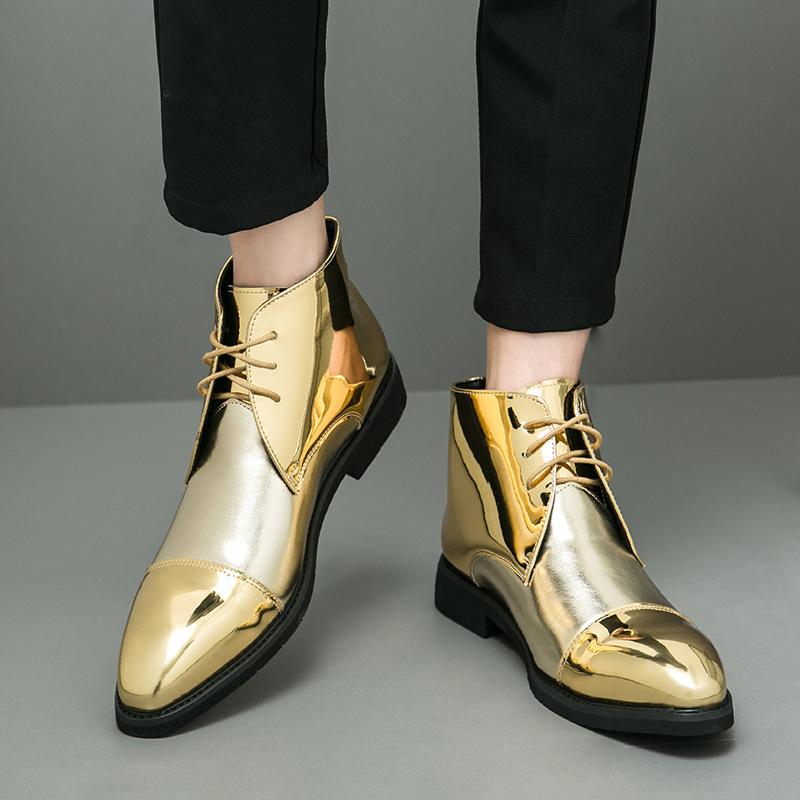 Large Size Gold High-top Pointed Leather Shoes Size 46 Retro Short Leather Boots Lace-up Glossy Personalized Martin Boots