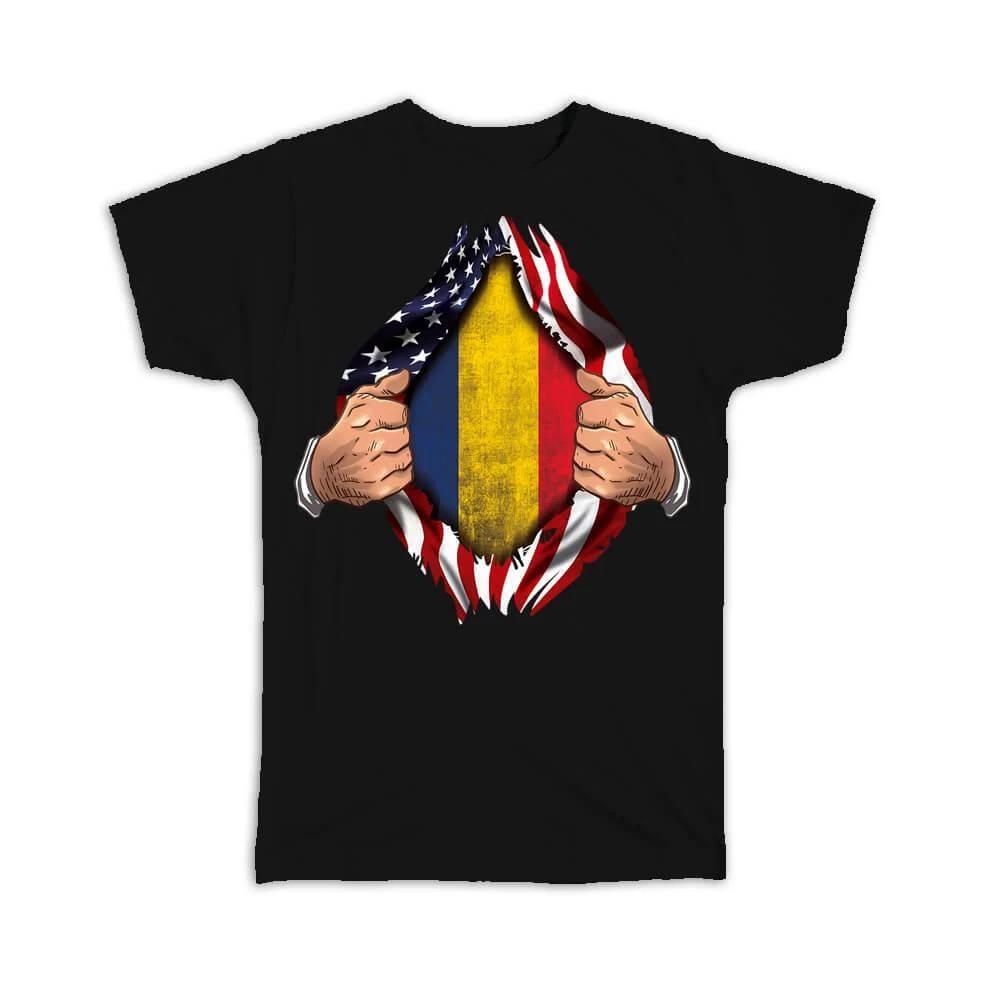 Gift T-Shirt : Romania Flag USA American Chest Romanian Expat Country XL