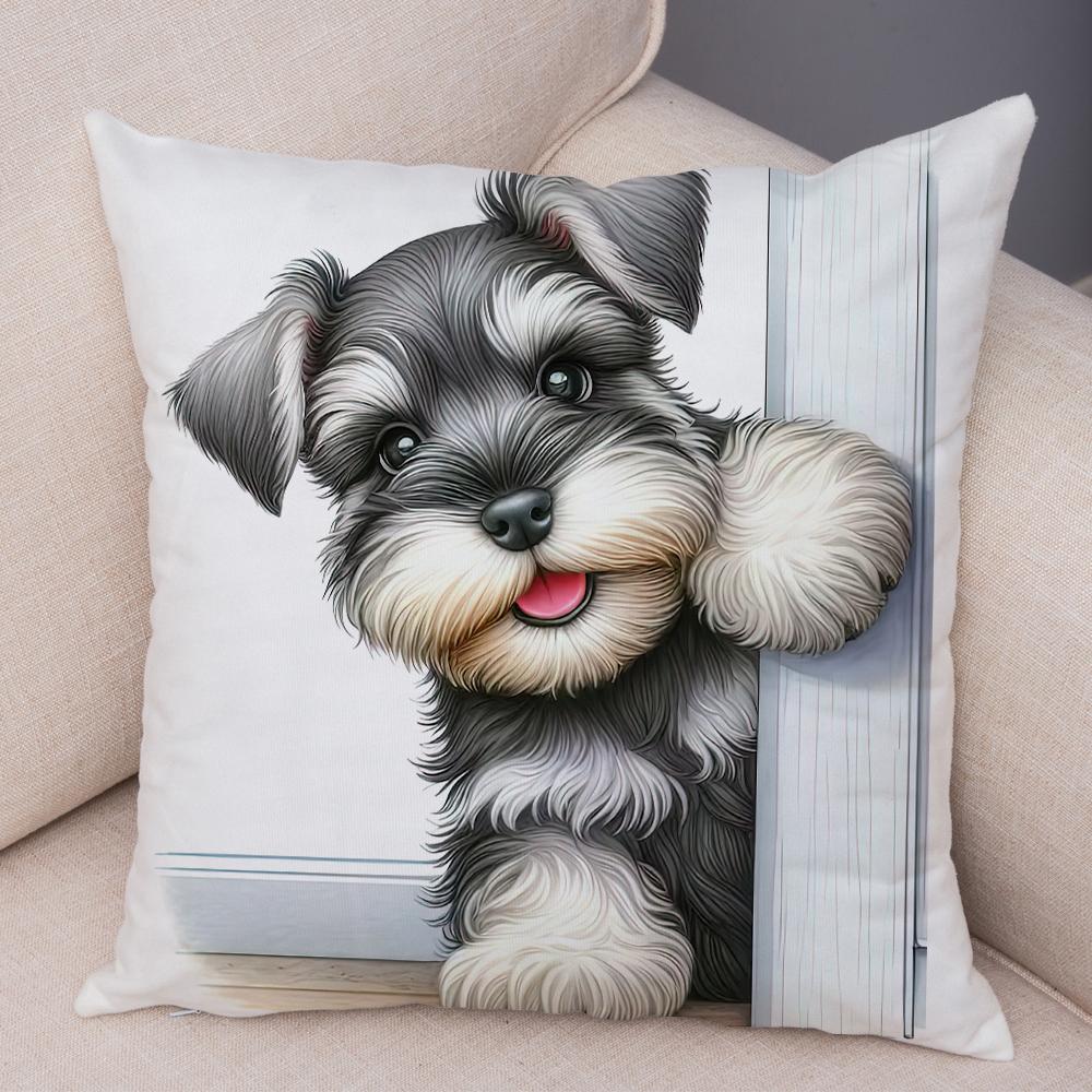 Roztomilý povlak na polštář s mini kníračem pro domácnost, oboustranný potisk, dekorace, kreslený mazlíček, zvíře, na pohovku, do auta, povlak na polštář, měkký plyšový povlak na polštář